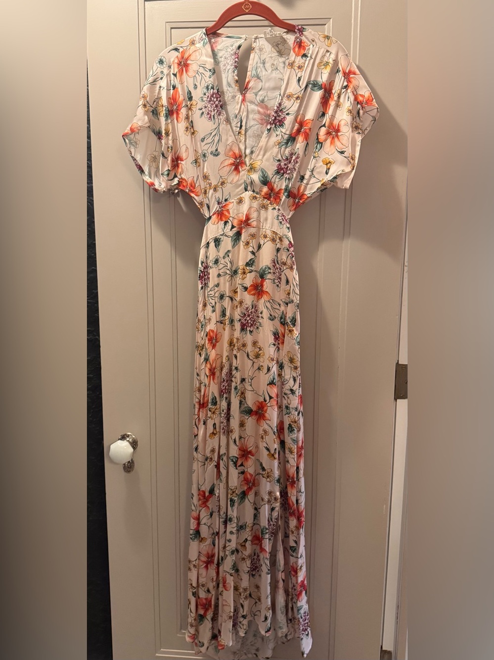 dRA Los Angeles Anthropologie Floral Silk Maxi Dress in Cream with Orange Blooms